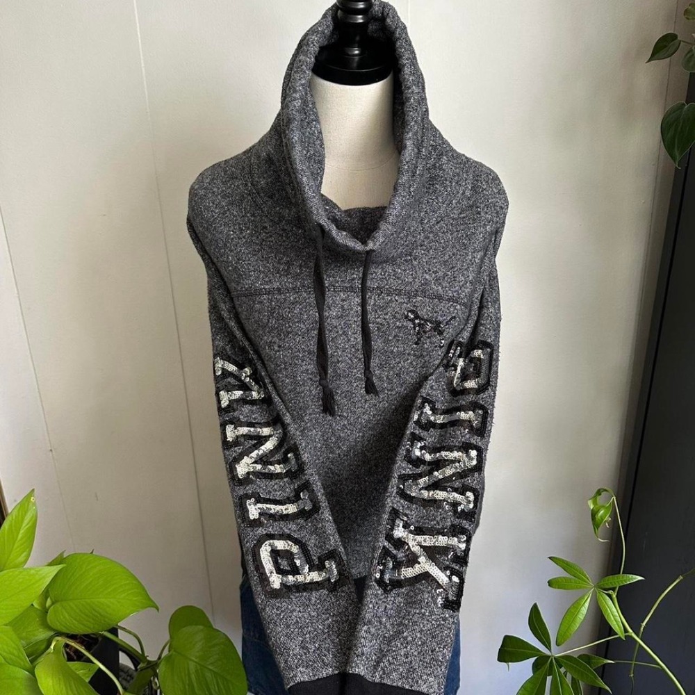 Victoria's Secret PINK Grey Sequin Dog Turtleneck Sweatshirt Womens XS